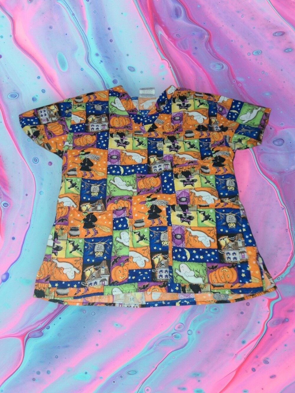 Ladies size small Halloween collage print scrub top